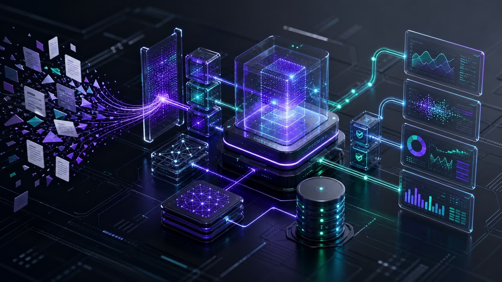 A production AI platform with document retrieval streams and evaluation dashboards.