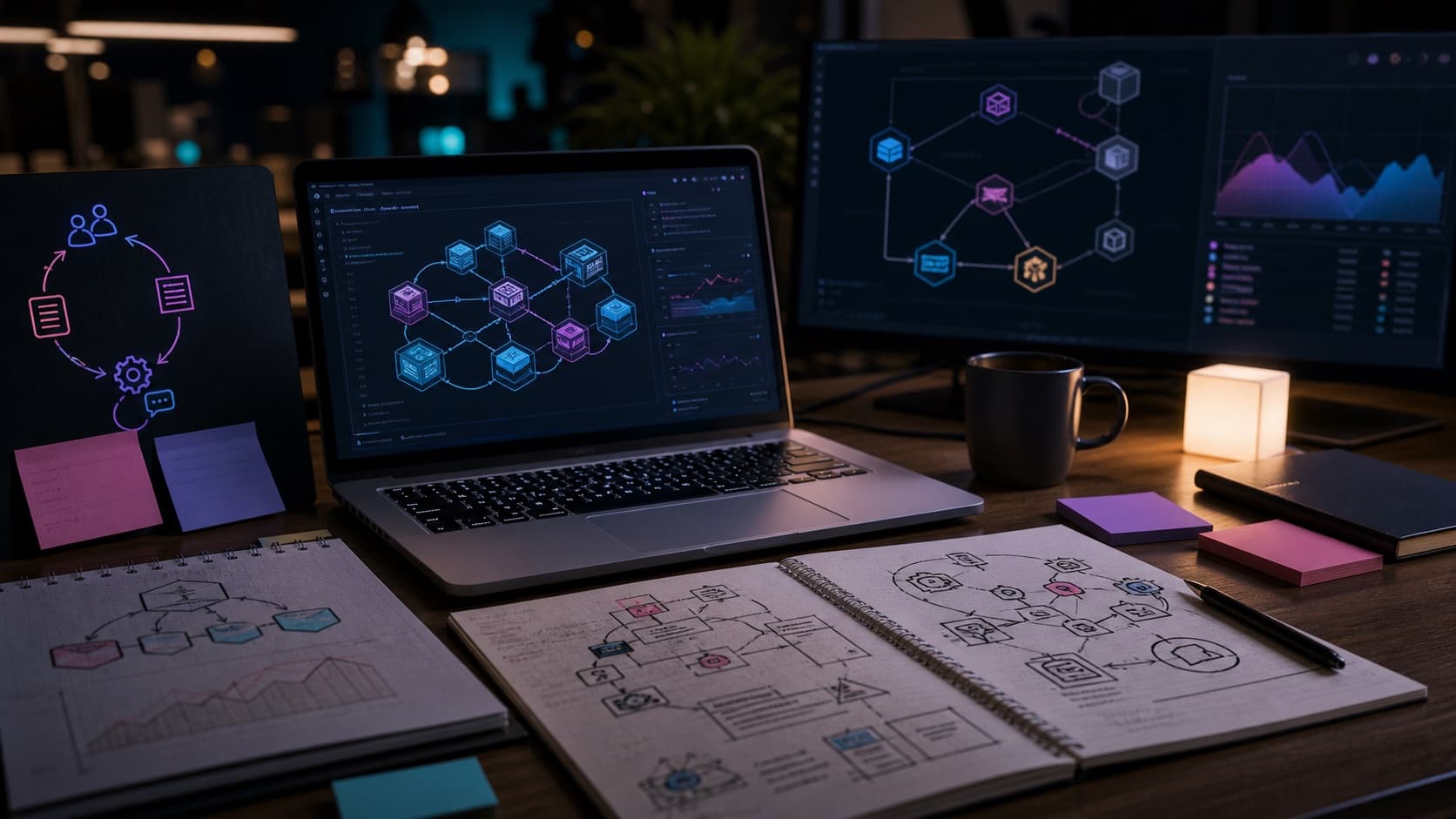 A DevOps interview preparation desk with architecture sketches and technical screens.