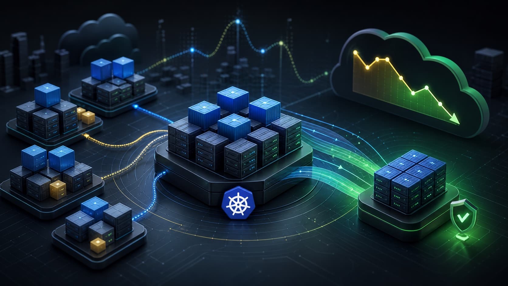 Kubernetes node pools and cloud cost telemetry in a dark technical scene.
