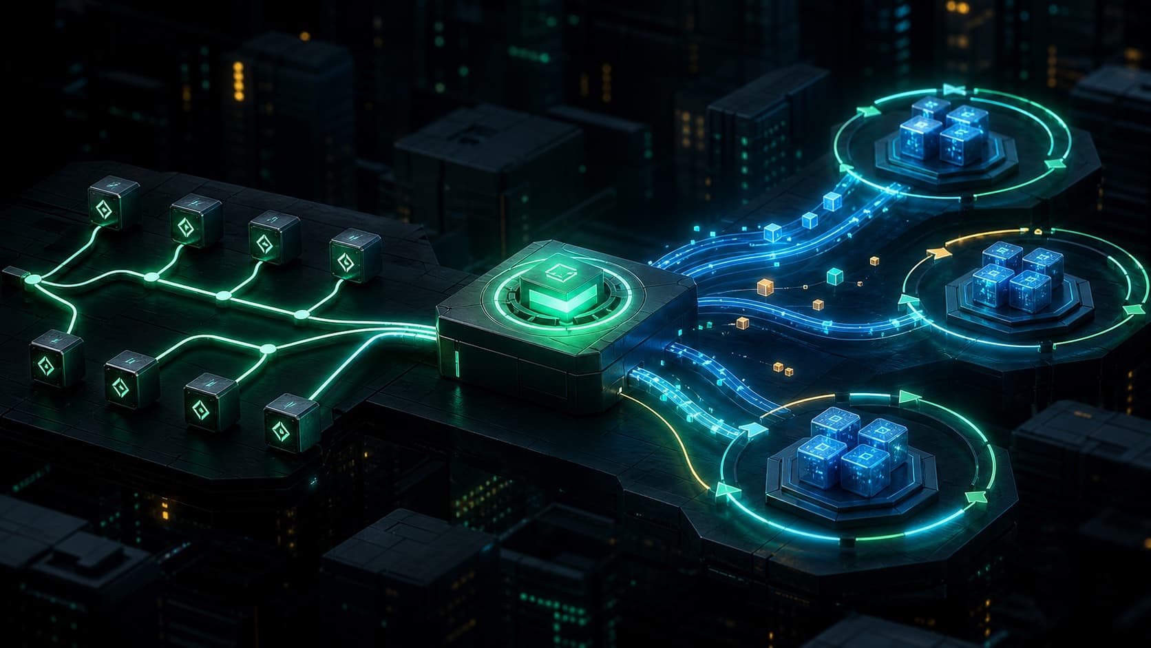 A dark GitOps deployment pipeline with glowing sync paths and clustered services.