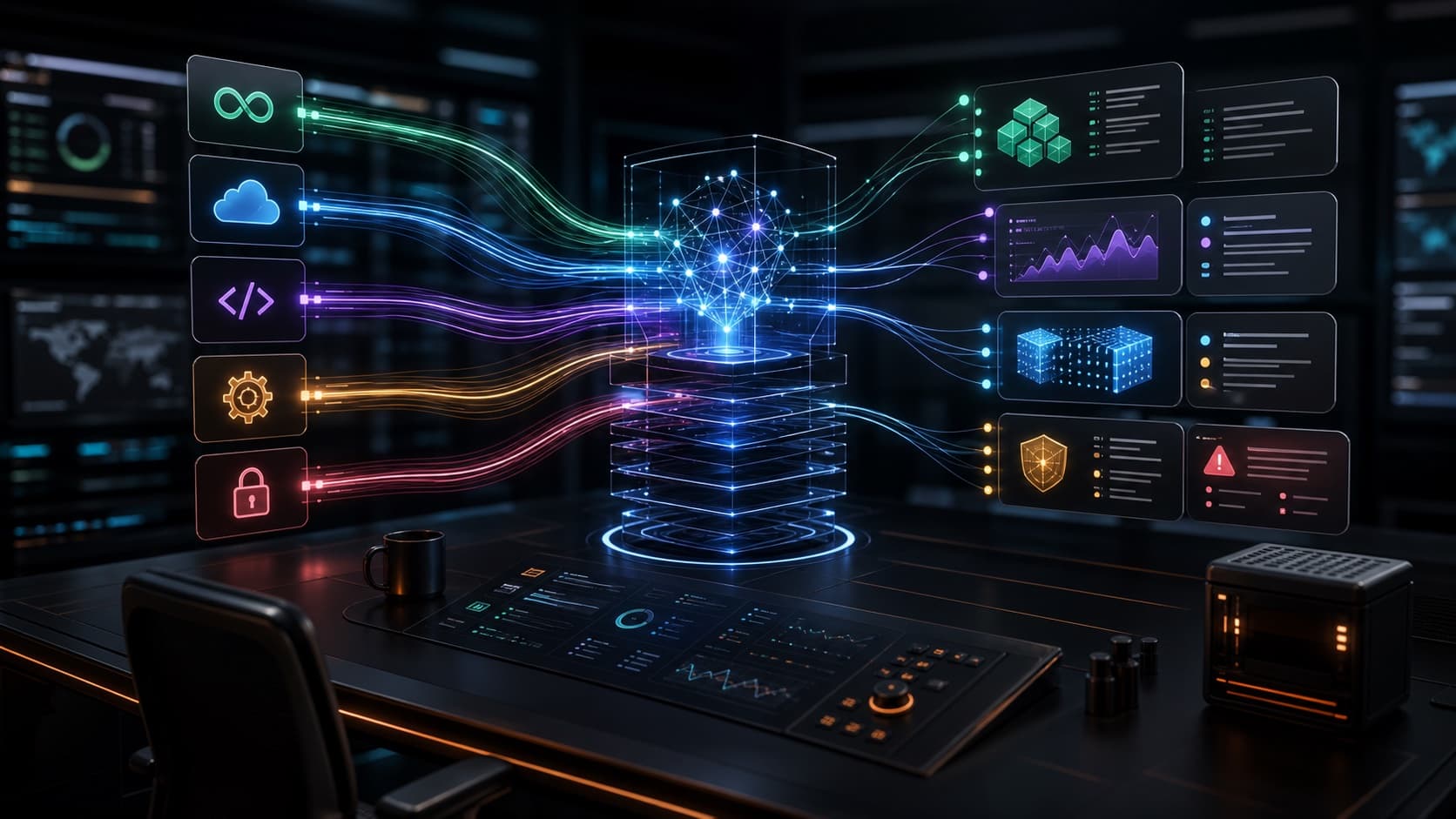 A dark engineering console with curated streams of DevOps, AI, cloud, and security signals.