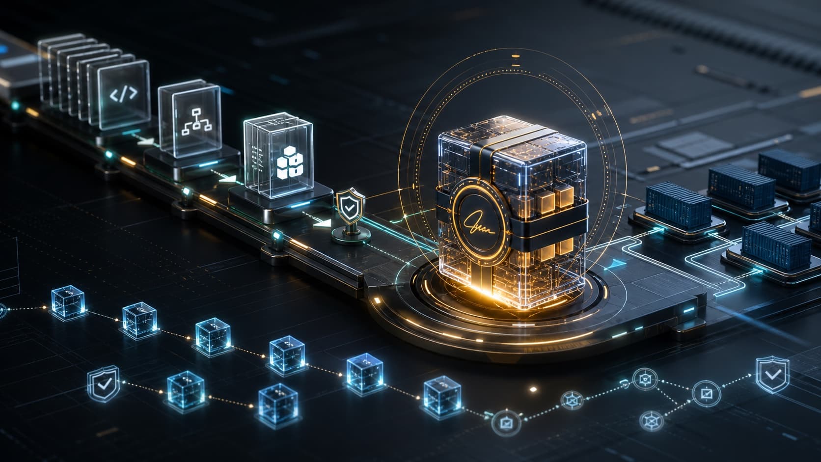 A secure container build pipeline with signed artifacts and verification checkpoints.