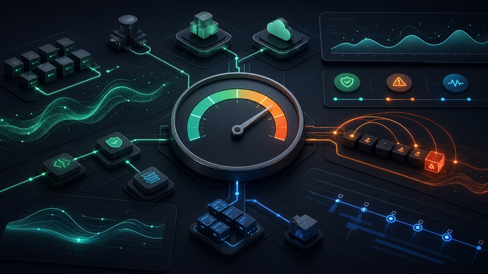 A reliability operations dashboard with service health paths and burn-rate gauges.