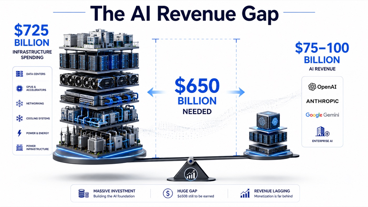 The AI revenue gap: roughly $725 billion in annual infrastructure spending against an estimated $75–100 billion of AI revenue (OpenAI, Anthropic, Google Gemini, enterprise AI), leaving a ~$650 billion gap still to be earned.