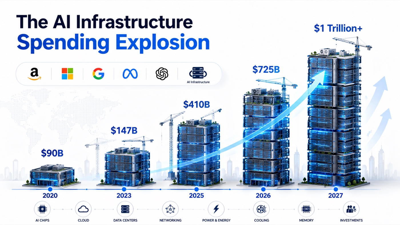 The AI infrastructure spending explosion: combined hyperscaler capex rising from $90B in 2020 to $147B in 2023, $410B in 2025, $725B in 2026, and a projected $1 trillion+ by 2027.