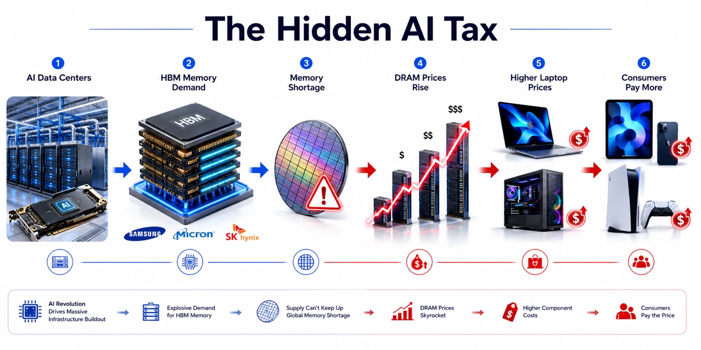The hidden AI tax: AI data-center demand for HBM memory creates a global memory shortage that drives DRAM prices up and passes the cost to consumers through pricier laptops, PCs, phones, and consoles.