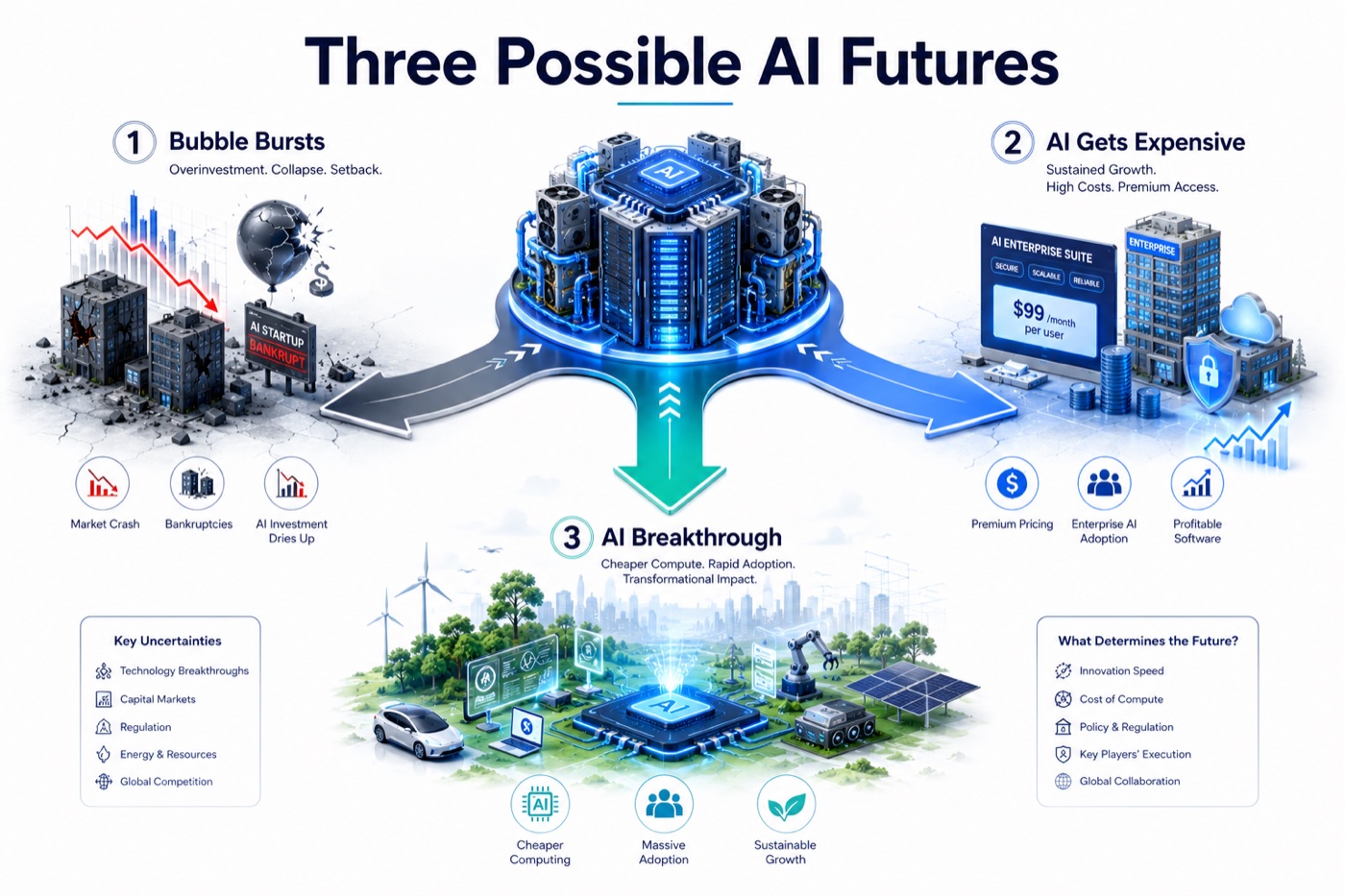 Three possible AI futures: the bubble bursts (overinvestment and collapse), AI gets expensive (sustained growth with premium pricing), or an AI breakthrough (cheaper compute, rapid adoption, transformational impact).